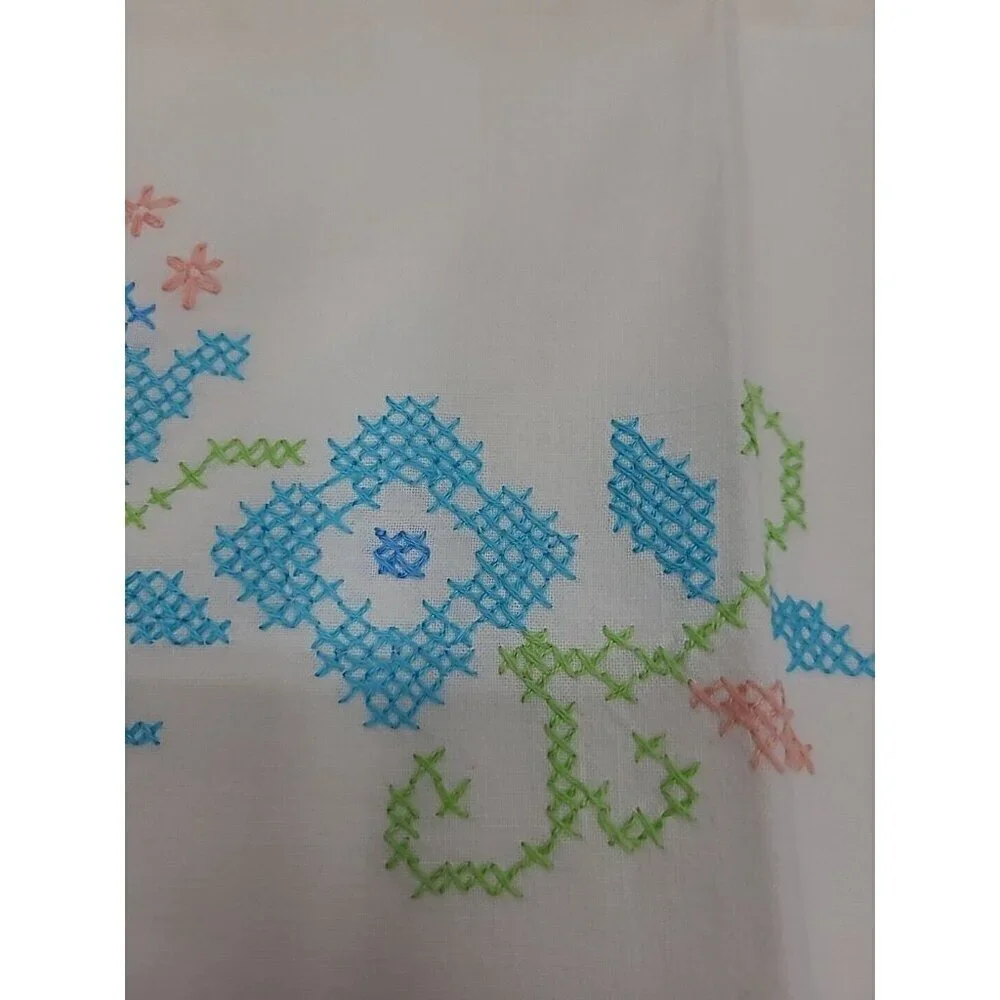 Vintage Handmade Cross Stitch Pillowcase Standard Size Floral Scalloped Edge